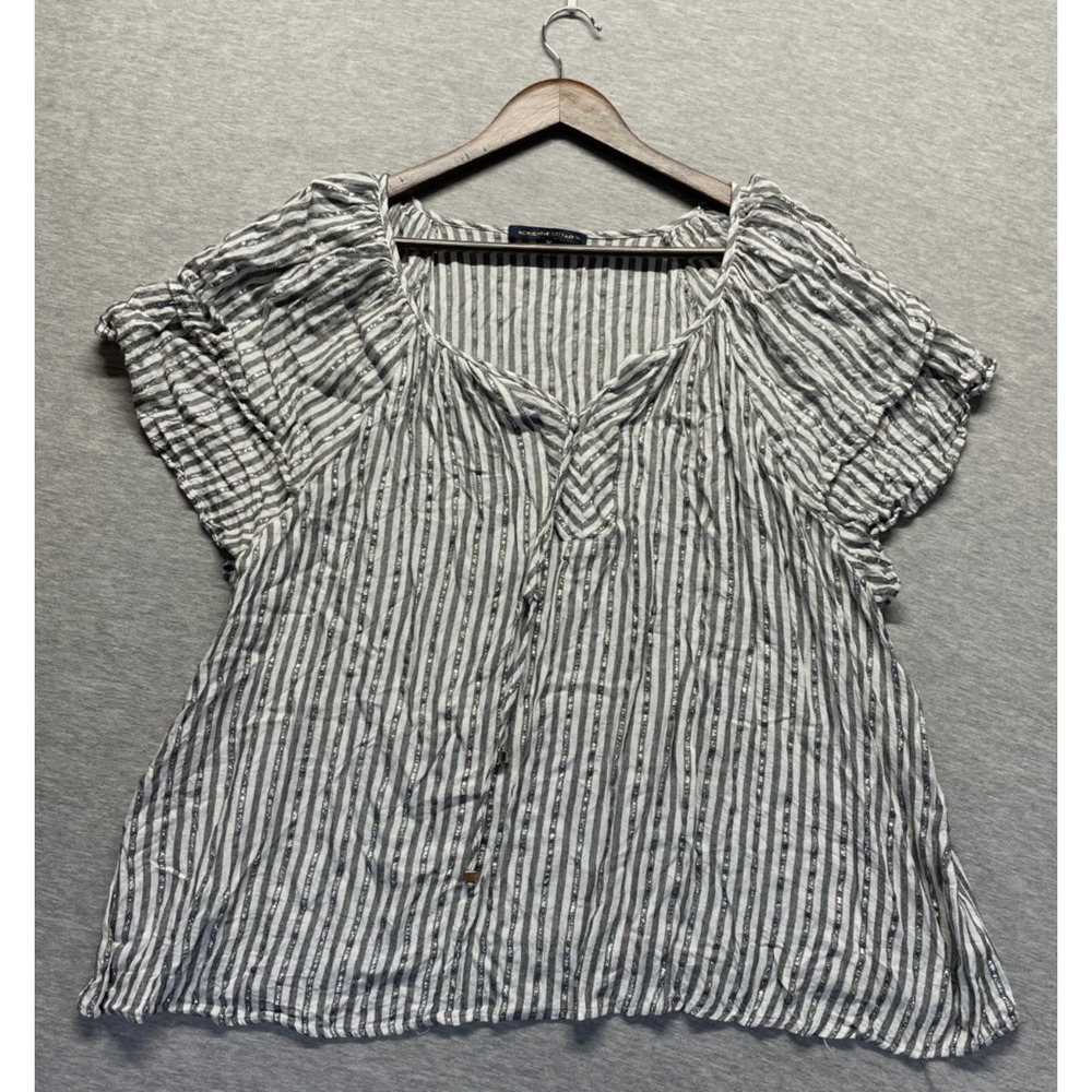 Adrienne Vittadini Blouse Womens 3X Gray White Metallic Striped Flutter Sleeve